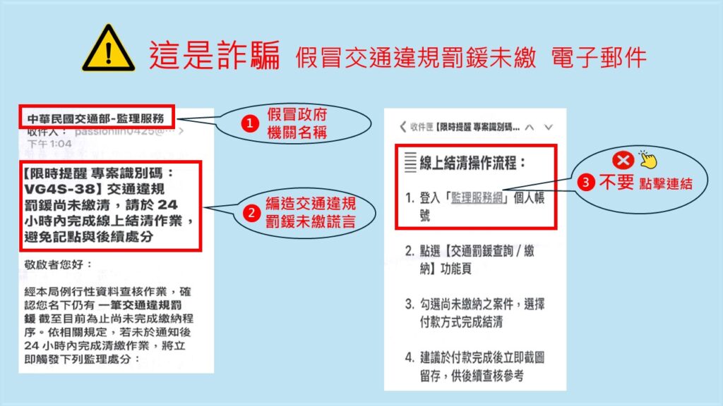 圖一：假冒交通違規罰鍰未繳詐騙電子郵件