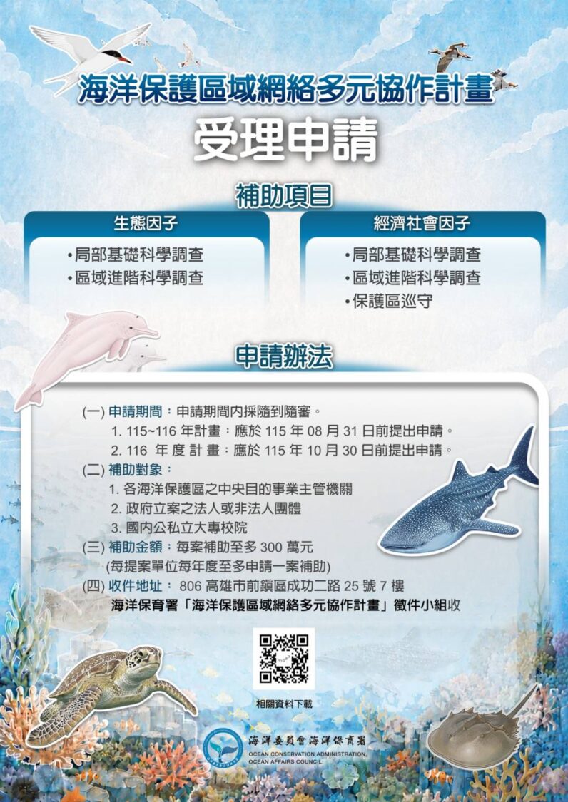 海洋保育署「海洋保護區域網絡多元協作計畫」徵件開跑 最高補助300萬元 攜手守護韌性海洋 海洋保育署「海洋保護區域網絡多元協作計畫」徵件開跑 最高補助300萬元 攜手守護韌性海洋