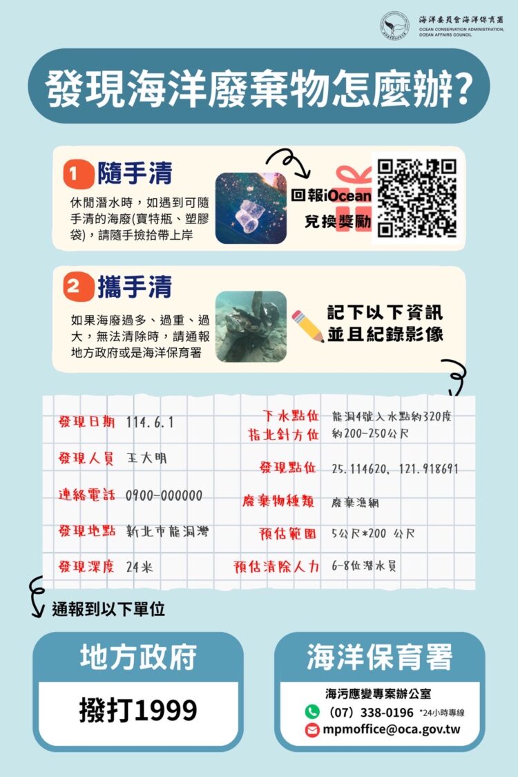 海保署籲請民眾發現海洋廢棄物立即通報海廢清除網（MDCN）共守海洋環境
