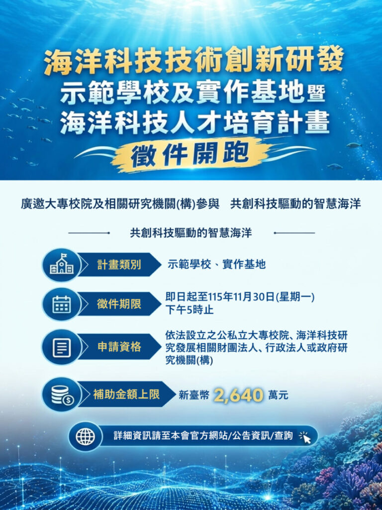 「海洋科技技術創新研發示範學校及實作基地暨海洋科技人才培育計畫」徵件