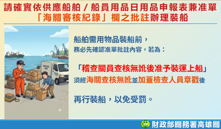 高雄關提醒船舶需用物品裝船前，務必依海關批註內容辦理，以免受罰